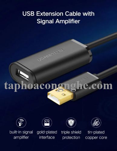 Ugreen 10324 20M màu Đen Cáp tín hiệu nối dài USB 2.0 có chip khuếch đại cao cấp US121 30010324